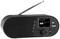 Black DAB+ radio with telescopic antenna, small screen displaying 'RADIO BOB!'. Buttons for station selection and volume.