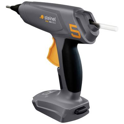 Grey hot glue gun in grey with an orange handle, model 'Steinel PRO MG 5011'. Suitable for precise application of adhesive.