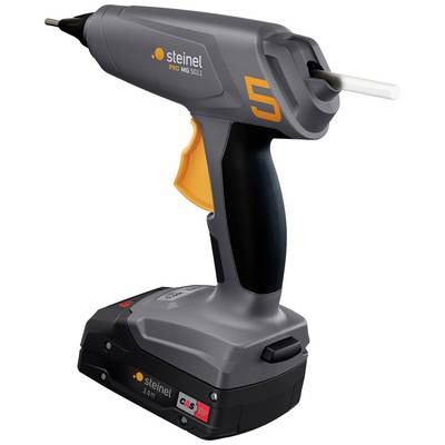 Cordless hot glue gun with ergonomic grip, orange trigger, and charging indicator. Suitable for precise gluing with glue sticks.