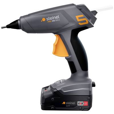 A cordless hot glue gun with a grey and orange design. It is equipped with a rechargeable battery and suitable for precise gluing tasks.