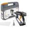 Hot glue gun and accessory set by Steinel, model "GlueMatic 7011", including case, nozzle attachment, and glue sticks.