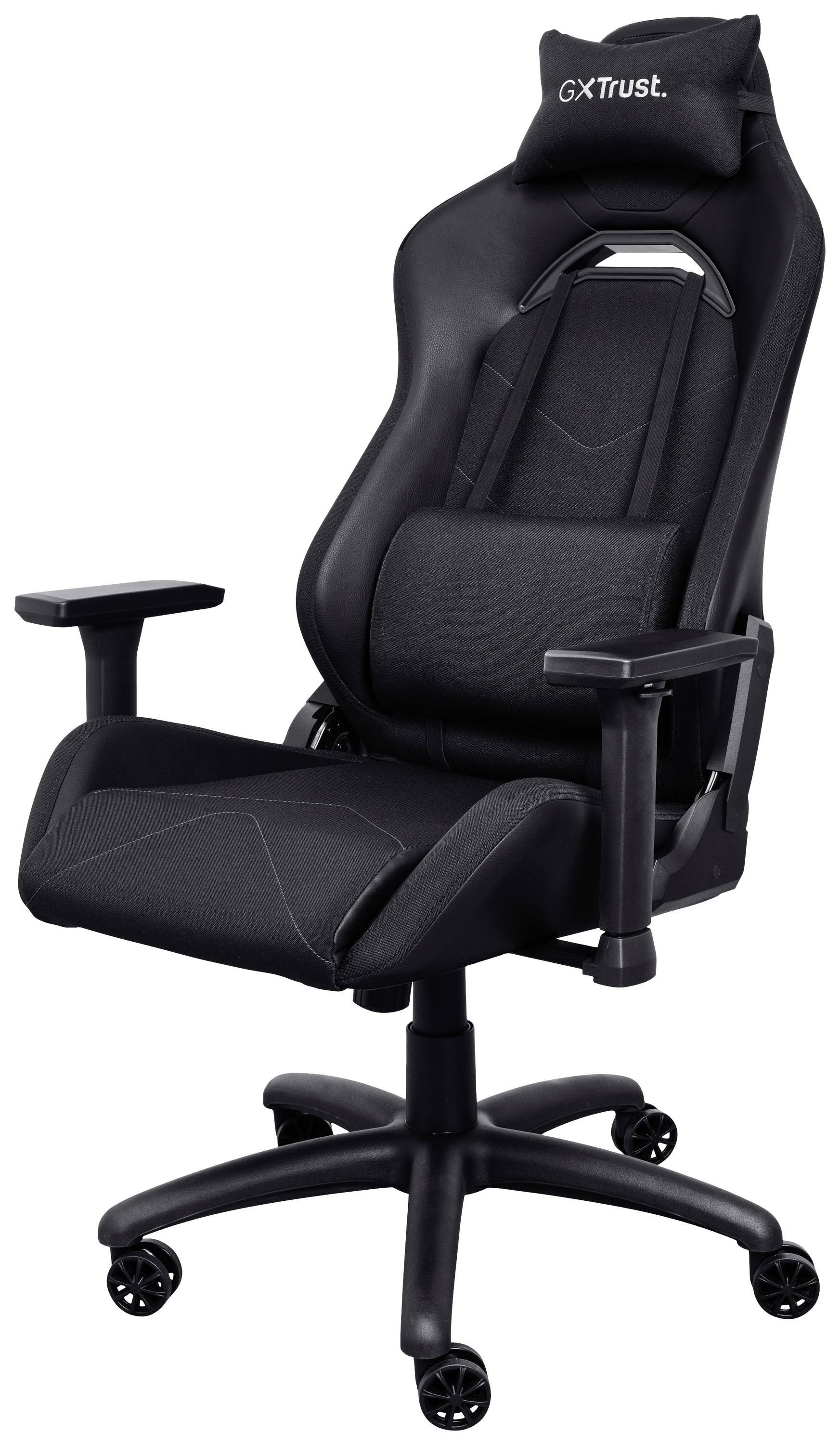 Black ergonomic gaming chair with adjustable armrests and headrest, on castors, suitable for extended sitting.