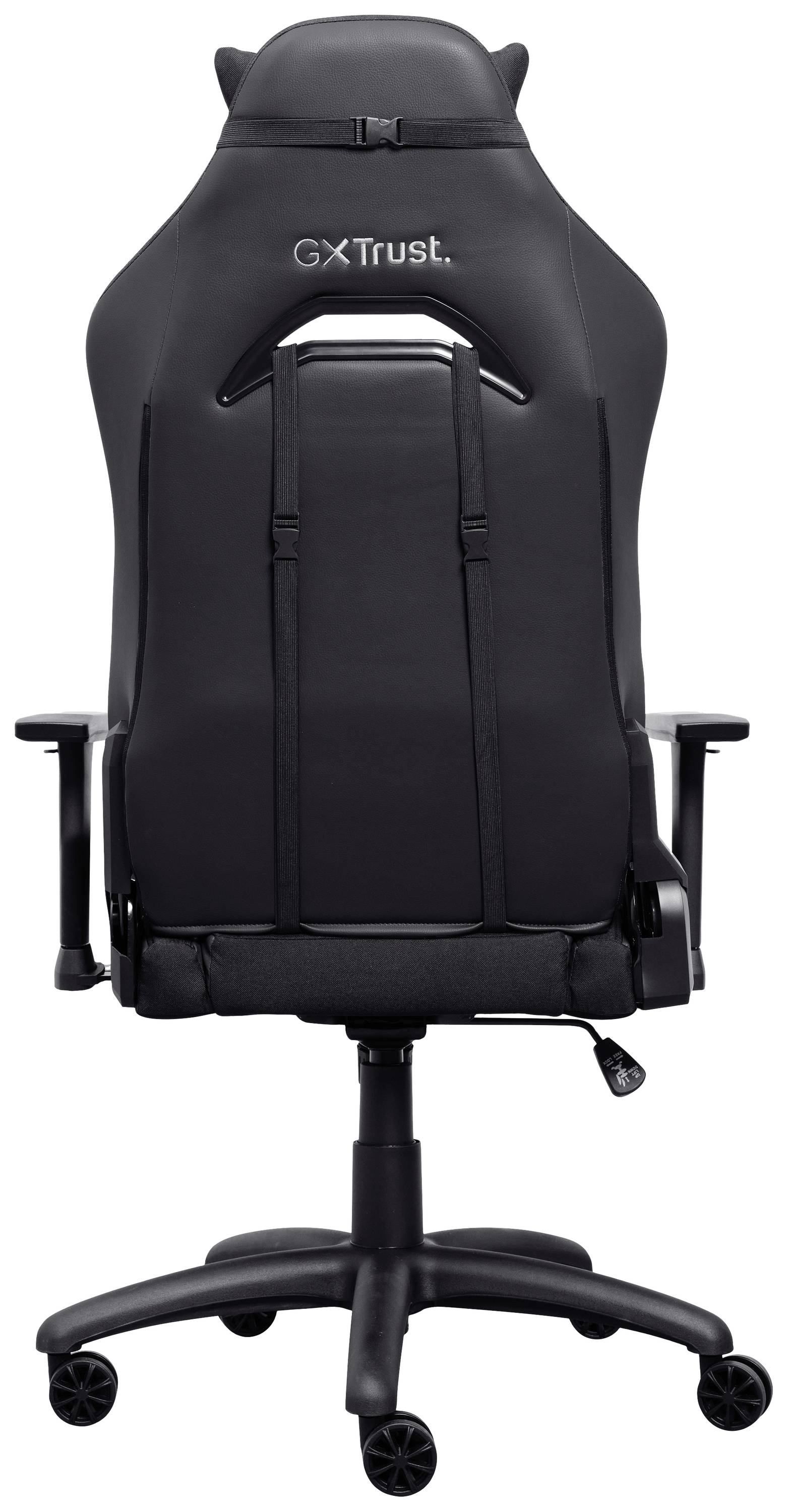 Black gaming chair with high backrest and ergonomic design. The headrest reads 'GXTrust'.