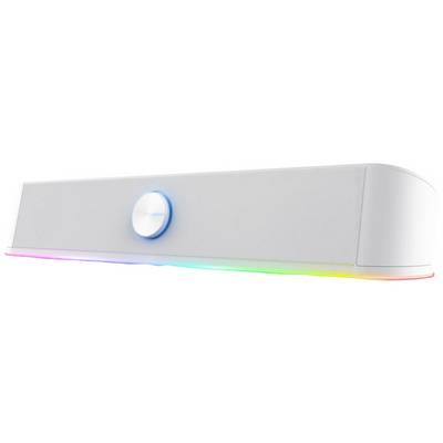 A white speaker with a circular volume control and rainbow LED lighting underneath.