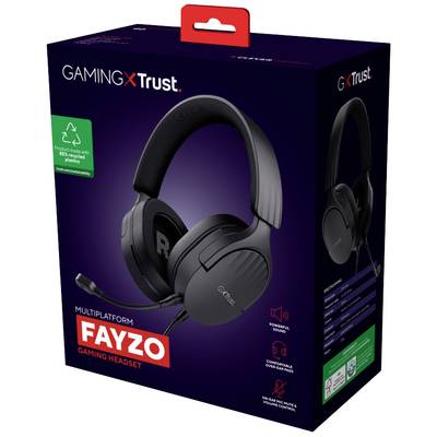 Black gaming headphones from the 'Trust' brand in packaging. Model 'Fayzo', compatible with multiple platforms, with adjustable microphone.