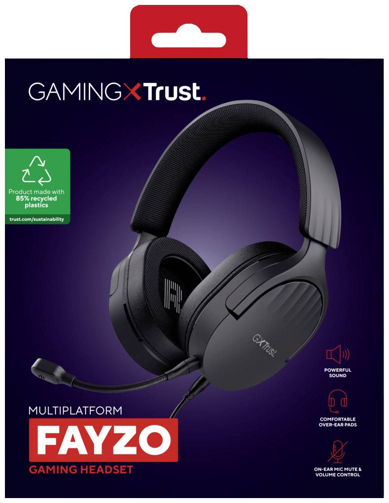 Packaging for a FAYZO Gaming Headset, compatible with multiple platforms. Contains information about recycled materials.