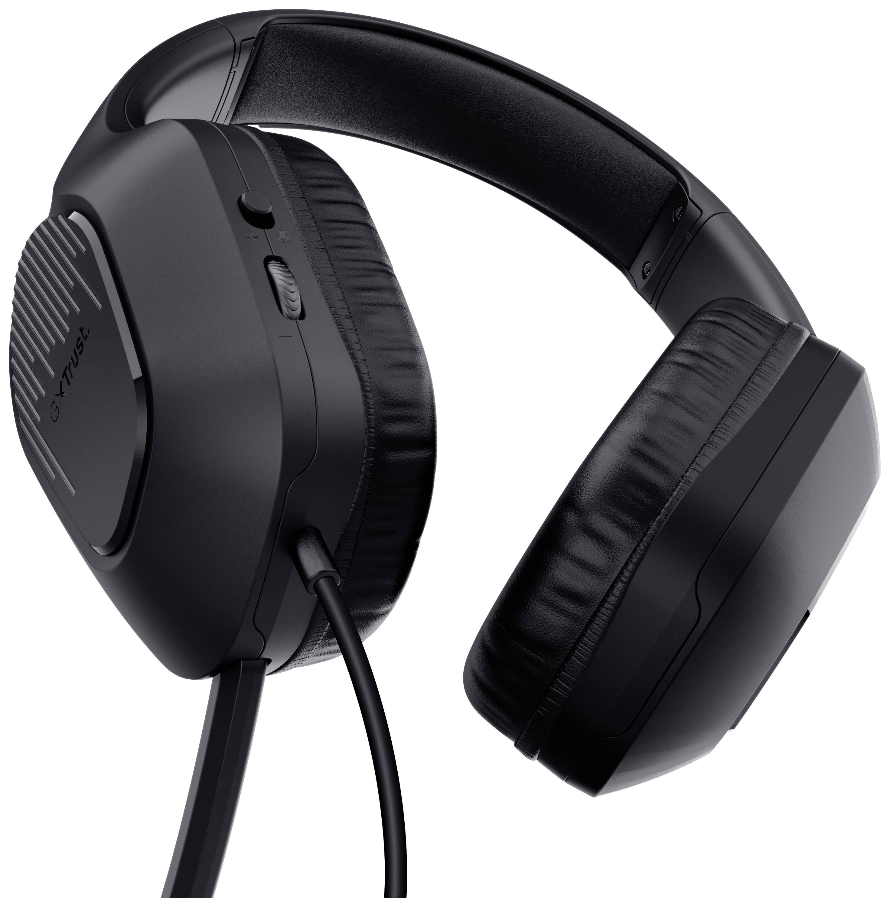 Black over-ear headphones with padding, wired connection and speaker logo on the left; showcasing modern design and technology.