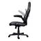 Black office chair with adjustable backrest and armrests, swivel base with five castors, suitable for ergonomic seating.