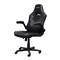 Black ergonomic gaming chair with adjustable armrests and swivel base, suitable for comfortable extended sitting.