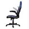 Office chair with adjustable backrest, armrests and castors, side view. Main colours are blue and black.