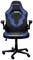 Black and navy blue gaming chair with ergonomic design, armrests and mesh back support, mounted on five castors for easy manoeuvrability.