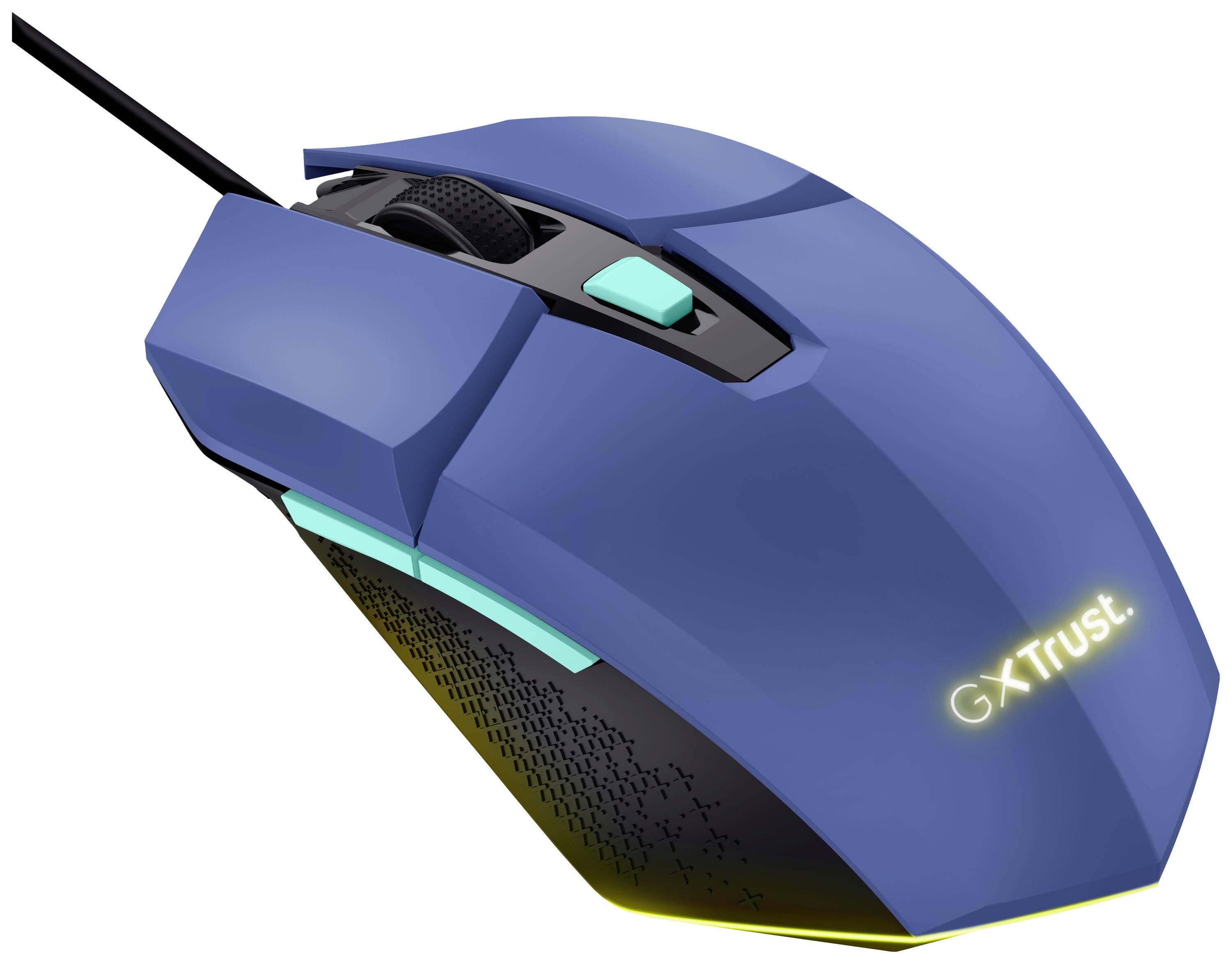 A blue gaming mouse with a glowing logo, a scroll wheel, and an additional green button on the top surface.