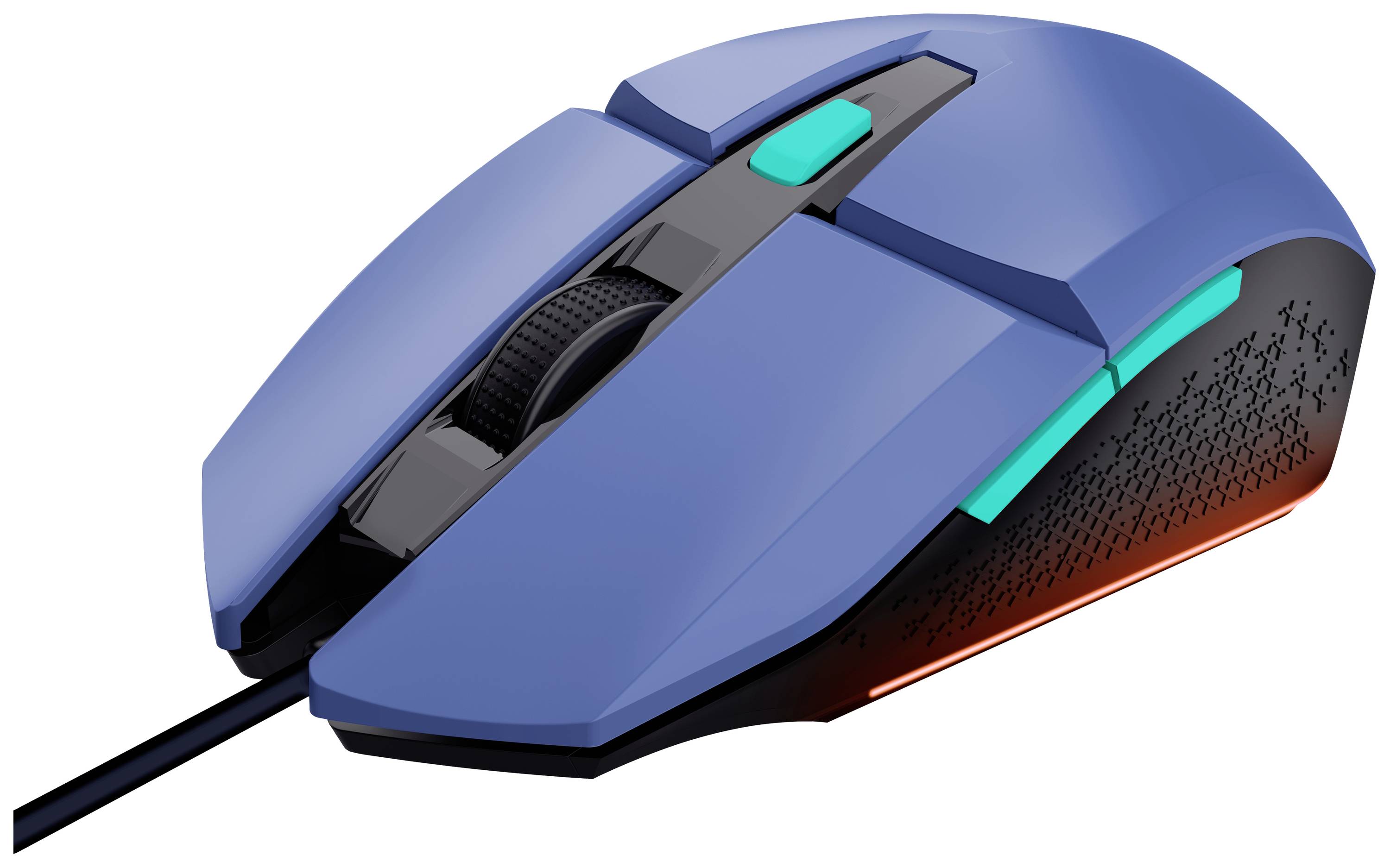 A blue, wired gaming mouse with an ergonomic design and illuminating RGB elements on the side.