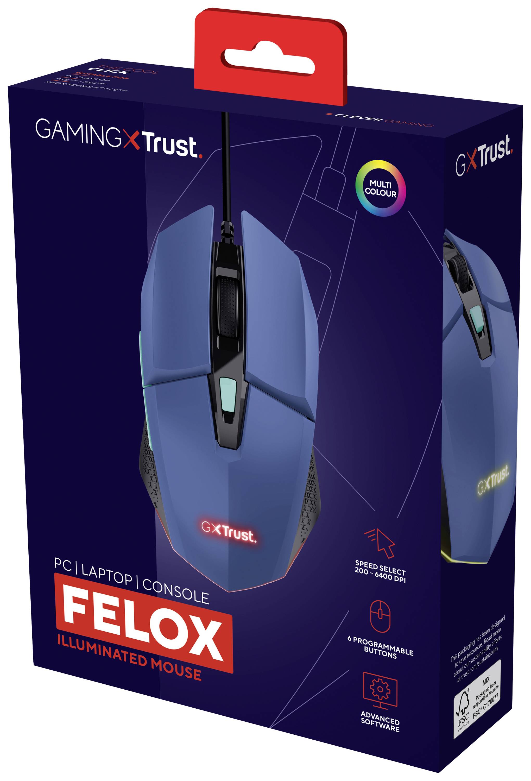 'Trust Felox' Gaming Mouse in blue packaging. Features include multi-colour lighting, six programmable buttons, suitable for PC, laptop and console.