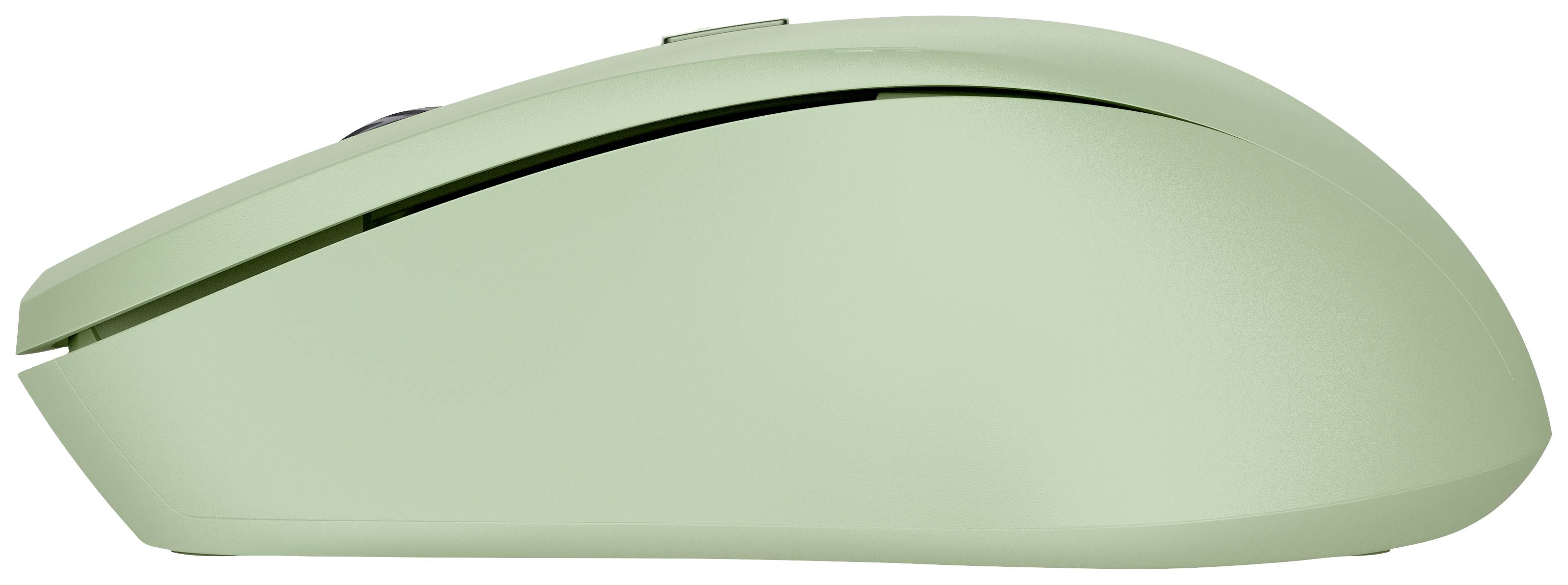 Top-down view of a wireless, green computer mouse with a smooth surface.