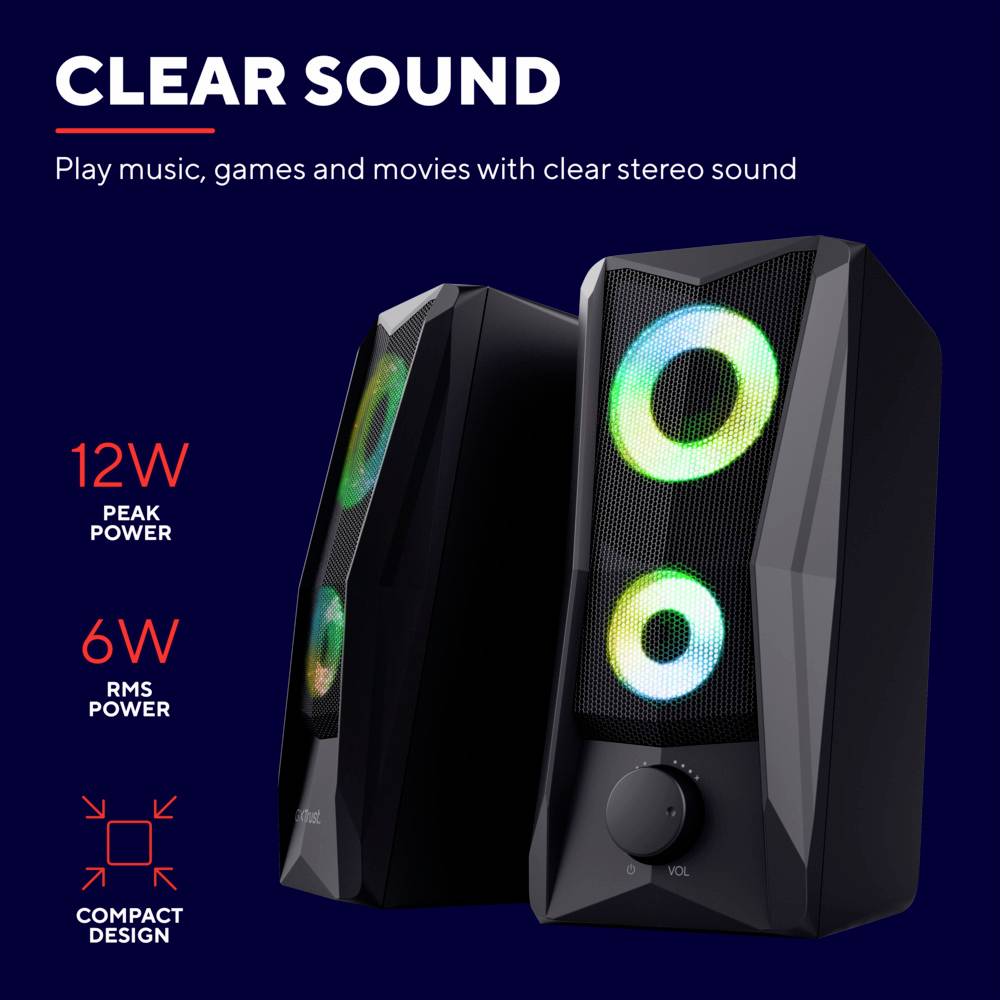 Two black stereo speakers with illuminating LED lights. Label: 'Clear Sound', 12W peak power, 6W RMS power, compact design.