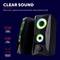 Two black stereo speakers with illuminating LED lights. Label: 'Clear Sound', 12W peak power, 6W RMS power, compact design.