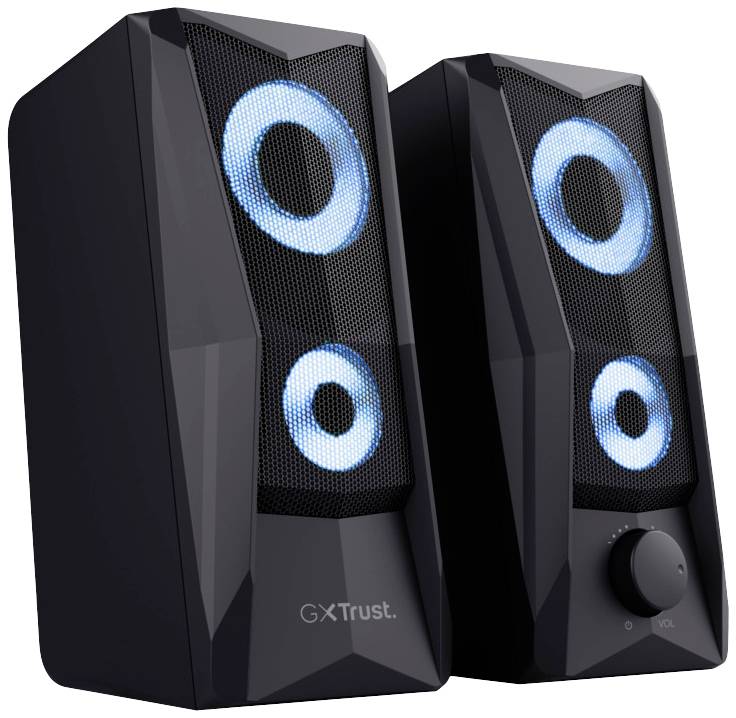 Black speakers with blue illuminated rings, two pieces. Brand name 'GXTrust' on one speaker.