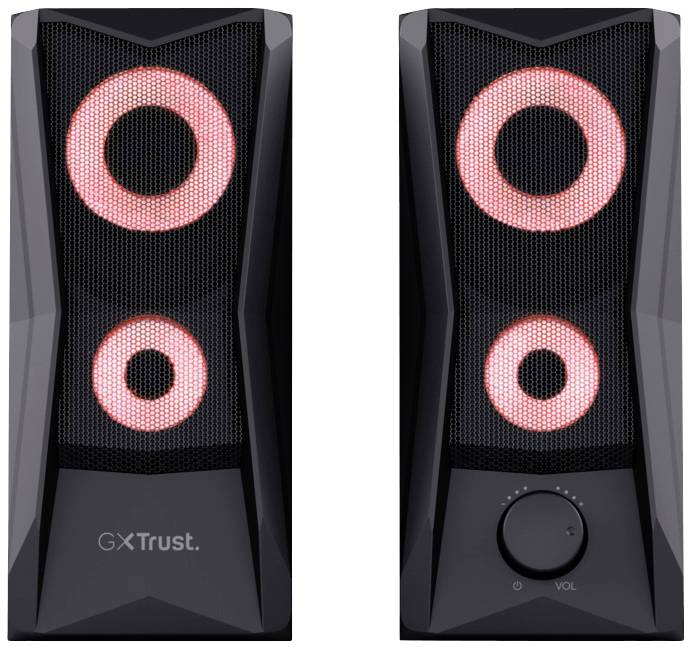 Black speakers with red LED light, right speaker with volume control and 'GX Trust' inscription.