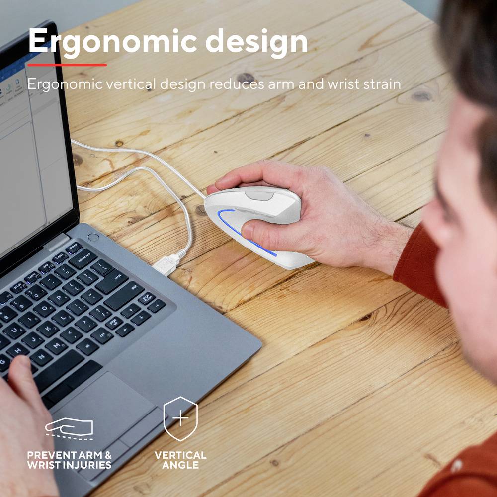 A person is using an ergonomic, vertical mouse with a laptop. Text: 'Ergonomic design reduces strain on the arm and wrist.'