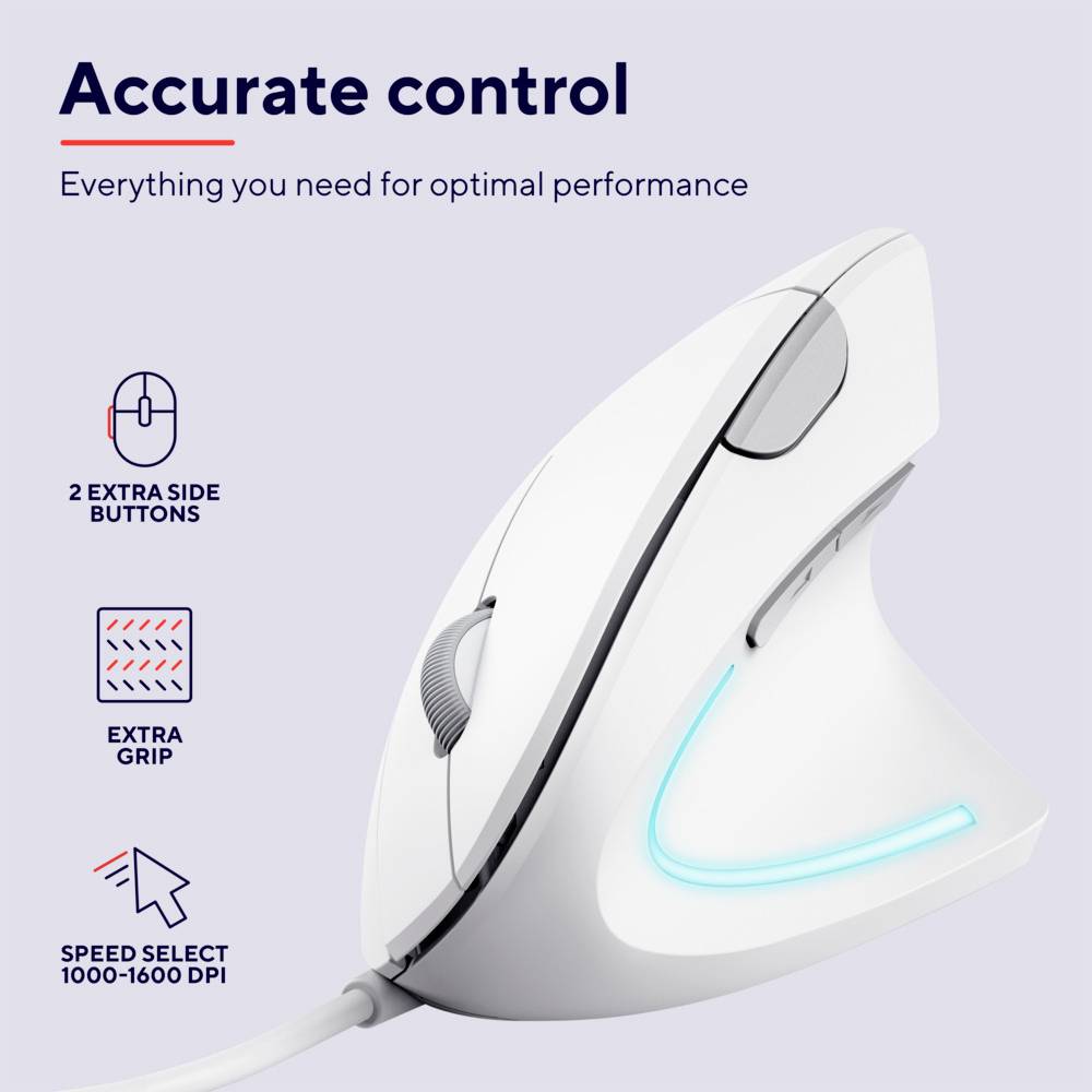 A white ergonomic mouse with two additional side buttons and LED lights. First-class control for optimal performance.