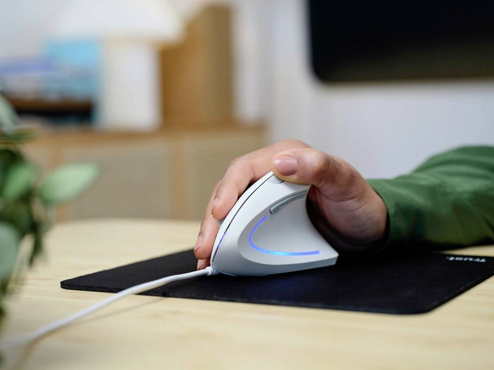 A hand is holding an ergonomic vertical computer mouse on a desk. A plant and furniture are visible in the background.