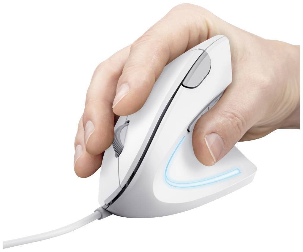 A hand is holding an ergonomic computer mouse, designed vertically to reduce wrist strain.