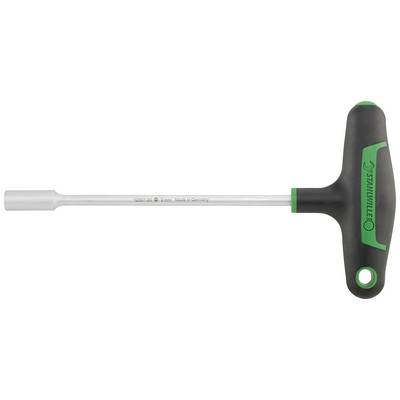 T-shaped hexagonal Allen key with black and green handle; precision tool for screw operations, manufactured in Germany.