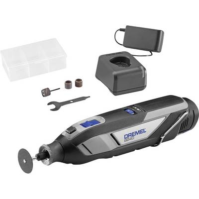 Dremel cordless rotary tool kit with charger, carrying case, cutoff wheel, sanding bands, and wrench on a white background.