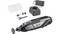 Cordless Dremel rotary tool kit with charging dock, accessory case, wrench, and cutting wheel.