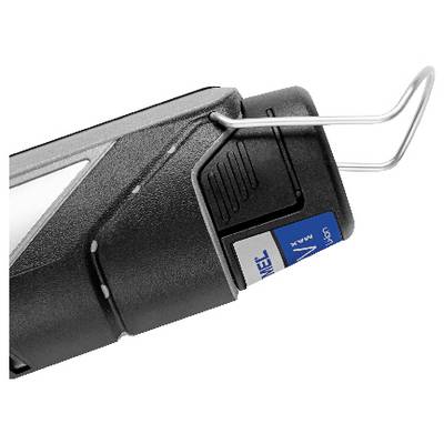 Electric device with a metal hook and a blue label view from the side. Included control markings and buttons emphasise functionality.