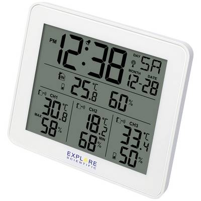 Digital Weather Station: Time '12:38', Date '28-12', Indoor Temperature '25.8°C', Humidity '60%'. Additional measurements for 3 channels.