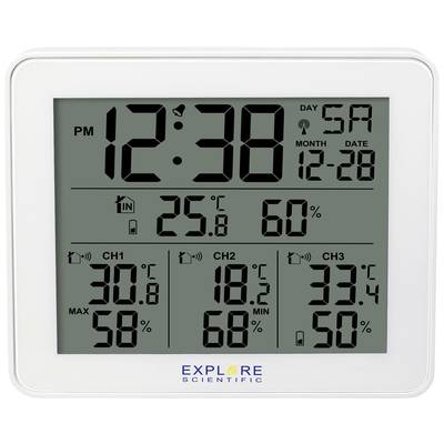 Digital weather station displays time '12:38', date '12-28', indoor temperature '25.6°C', humidity '60%'. Three external sensors measure various temperatures and humidity levels.