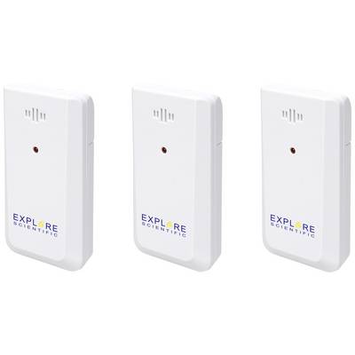 Three white sensor devices with the 'Explore Scientific' logo, each with a small red light in the centre.