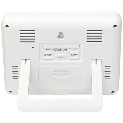 The back of a white digital alarm clock with buttons for 'Snooze/Light', 'Up', 'Down', 'Alarm' and 'Set'. Wall-mountable.