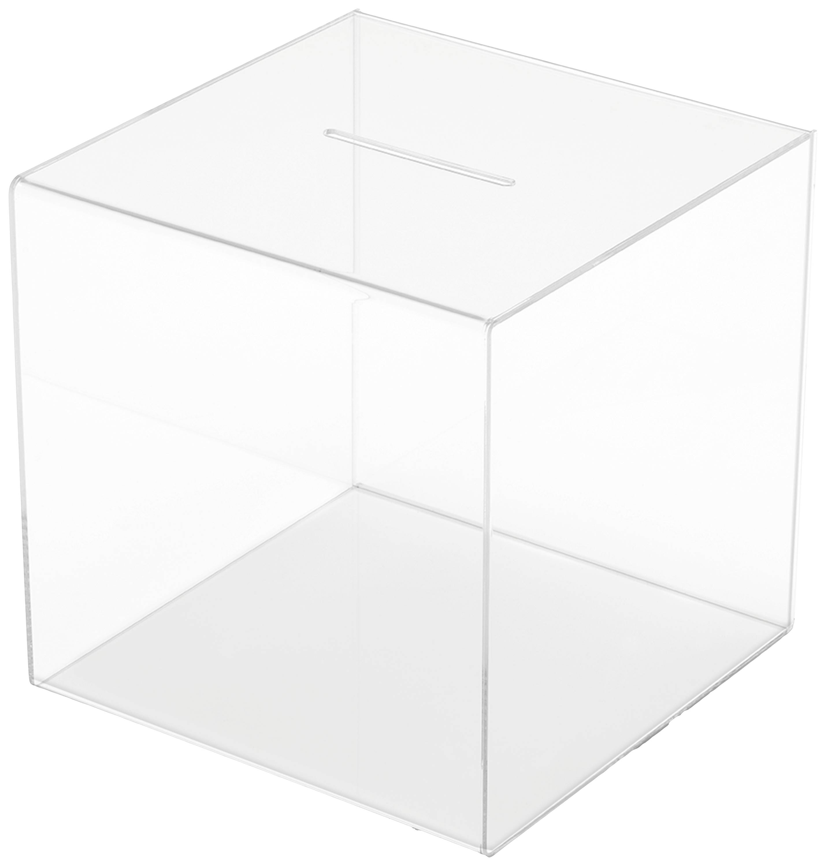 Transparent acrylic ballot box or donation box with a slot on the top surface for depositing voting papers or donations.