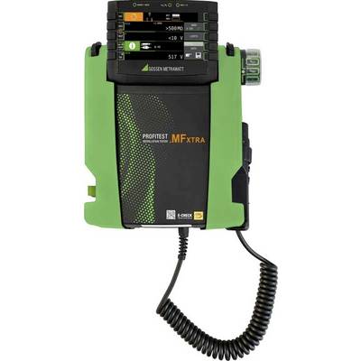 A green multimeter with a display shows a resistance of over 500 MΩ and a voltage of 517 V. Cable hanging below.