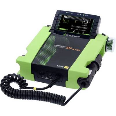 A portable measuring device with a display, enclosed in a green casing. Used for electrical testing, it displays measurement readings.