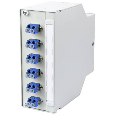 A rectangular, white electronic device with six blue connectors on the front, mounted in a metal housing.