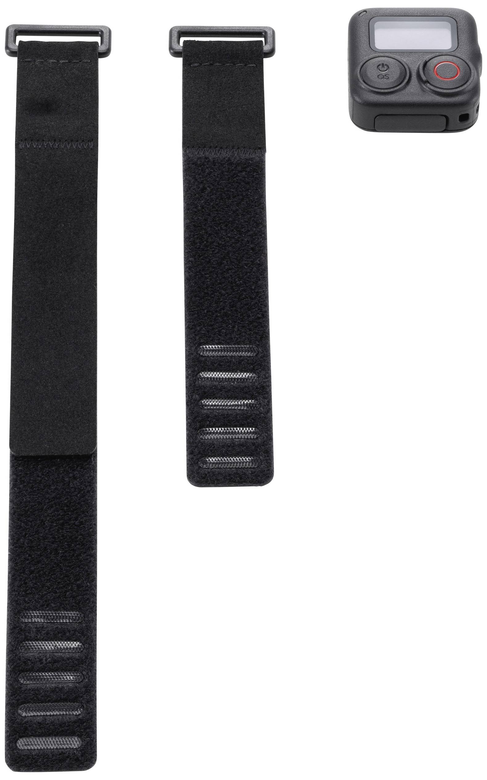 Camera with two black hook-and-loop straps of different lengths.