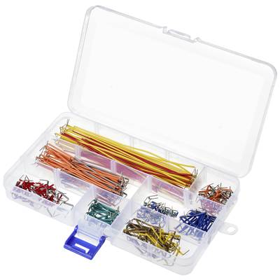 A transparent plastic box with multiple compartments, containing colourful jumper wires for use on breadboards.