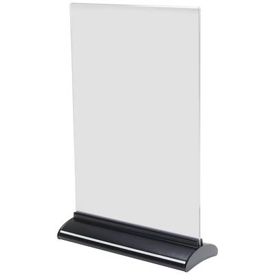 A clear display stand made of transparent material, vertically positioned, with a black base. Perfect for presentations.