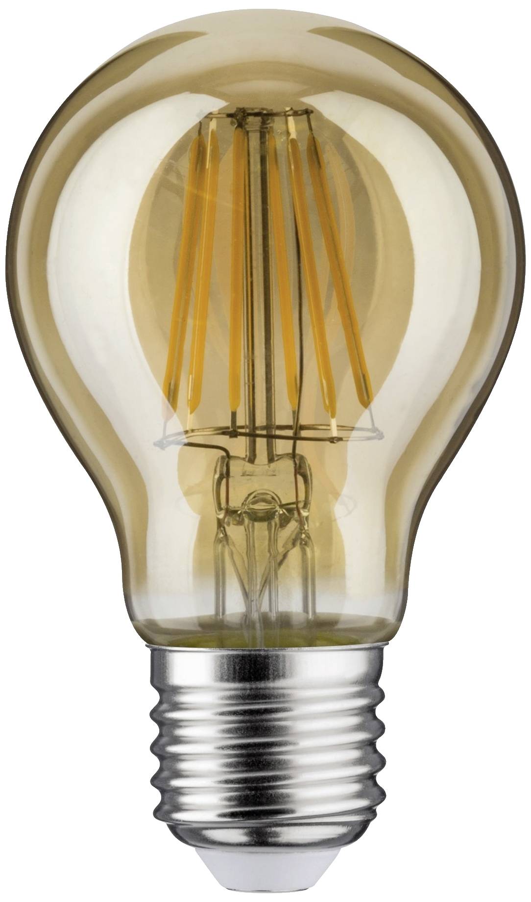 Classic light bulb with visible filament and silver base, against a white background.