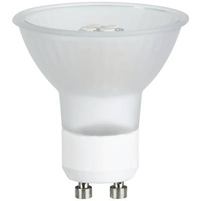 A LED light bulb with a GU10 base, suitable for energy saving in households, stands upright against a white background.