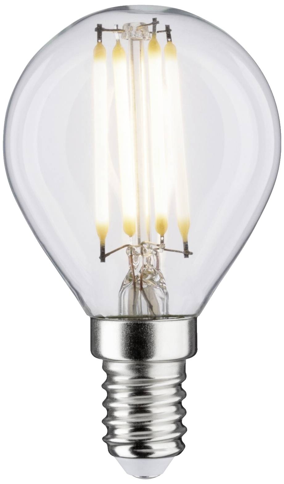 A lit LED light bulb with visible filaments, emitting bright warm light. Suitable for energy-efficient lighting.
