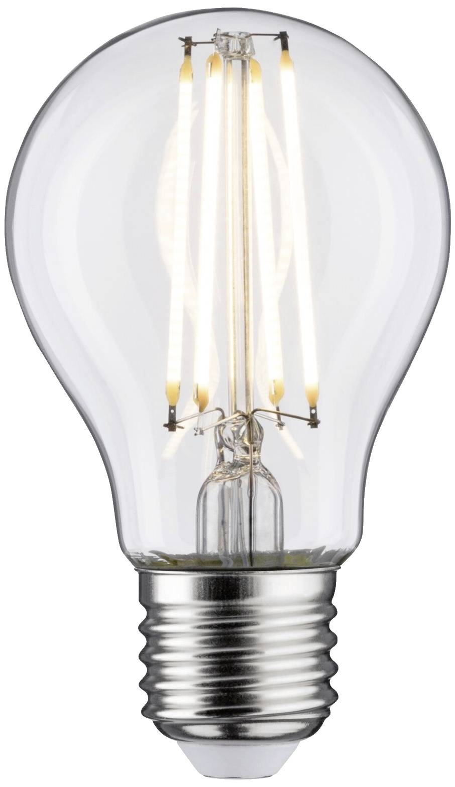 A lit LED light bulb with visible filaments.