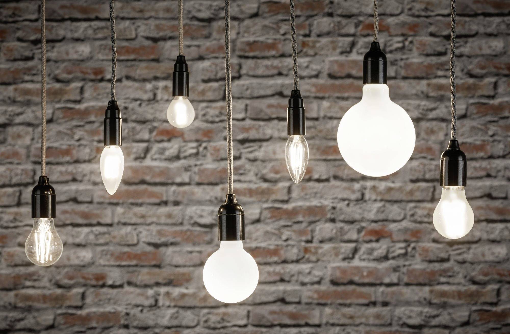 Various light bulbs hang in front of a brick wall. The shapes and sizes vary, some are illuminated, others are switched off.