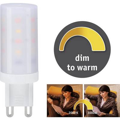 LED light bulb with 'dim to warm' function, adjustable from 2000K to 3000K. Two images show light colour differences.