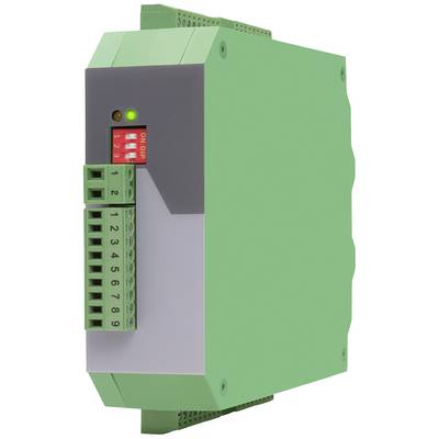 Electronic device with a green housing and connectors, likely a module for industrial applications.