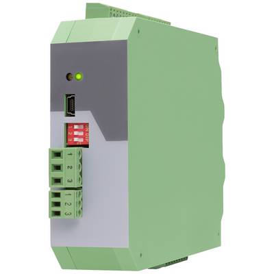 A green electronic device with connector ports and an LED display on the front, possibly an industrial power supply unit.